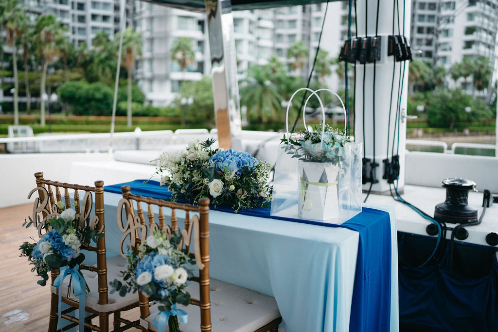 Customised Parisian-chic proposal decoration on a Yacht Maison yacht in Singapore
